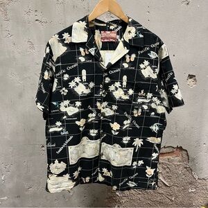RJC Hawaiian Hawaii USA Made Black Grid Map Pattern Button Down Shirt Large L